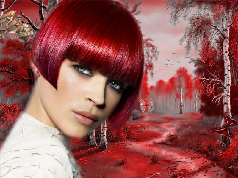 Woman with Red Hair — Dreamy, Digital Art, Butterflies, Birds