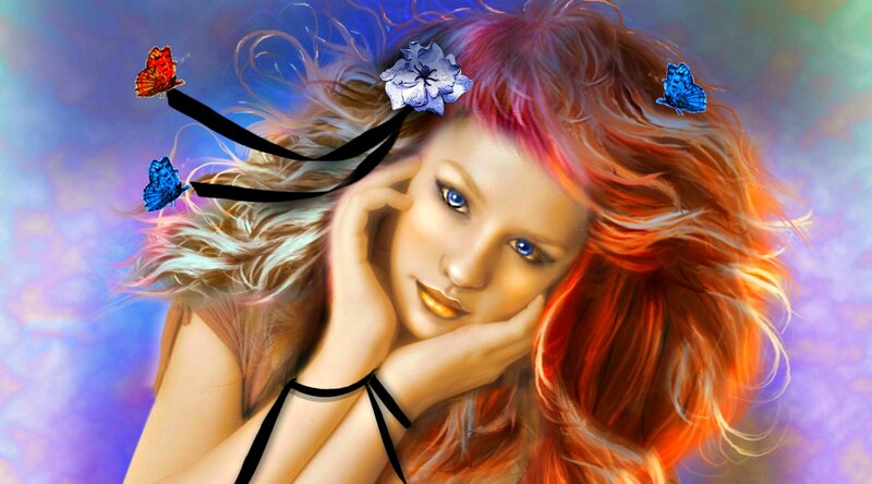 Woman with Red Hair — Dreamy, Digital Art, Butterflies, Flower, Hair Ribbon
