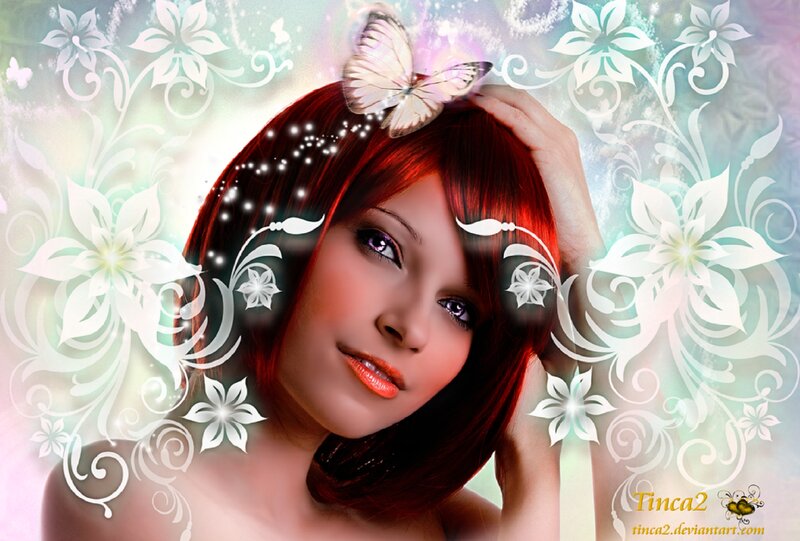 Woman with Red Hair — Dreamy, Digital Art, Butterfly