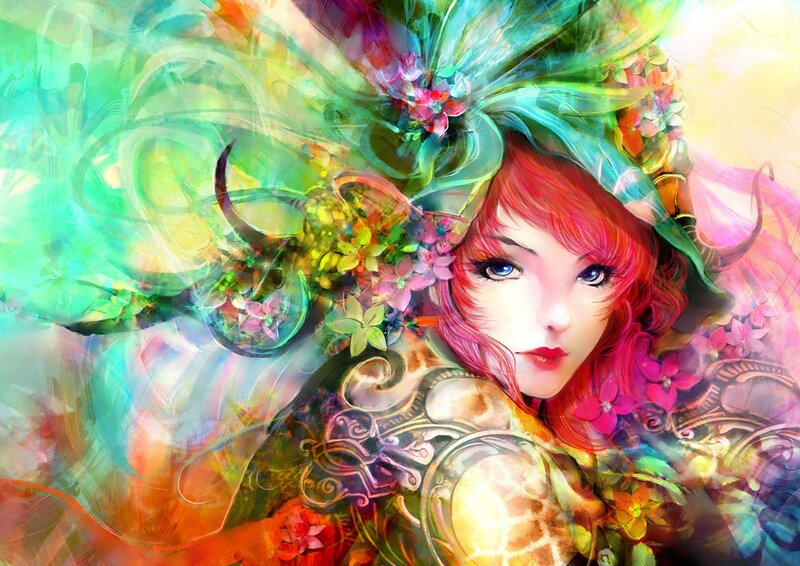 Woman with Red Hair — Dreamy, Digital Art, Flowers, Armor