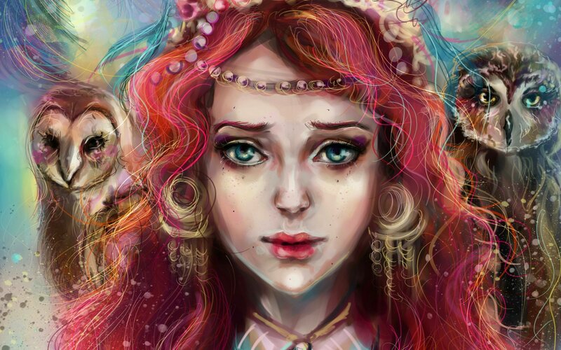 Woman with Red Hair — Dreamy, Digital Art, Owls