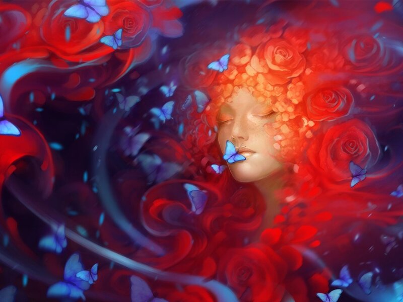 Woman with Red Hair — Dreamy, Digital Art, Roses