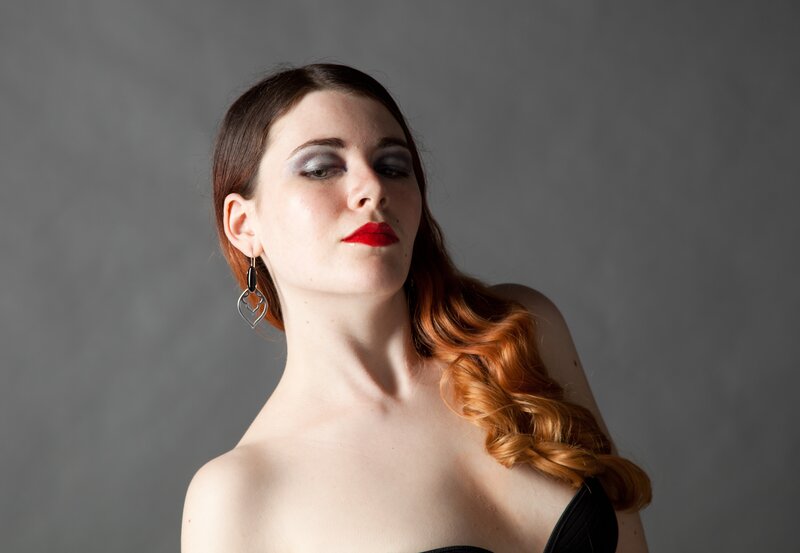 Woman with Red Hair — Gray, Dramatic, Photograph, Red Lipstick, Earrings
