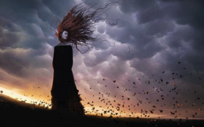Woman with Red Hair — Gray, Dramatic, Sunset, Digital Art, Clouds