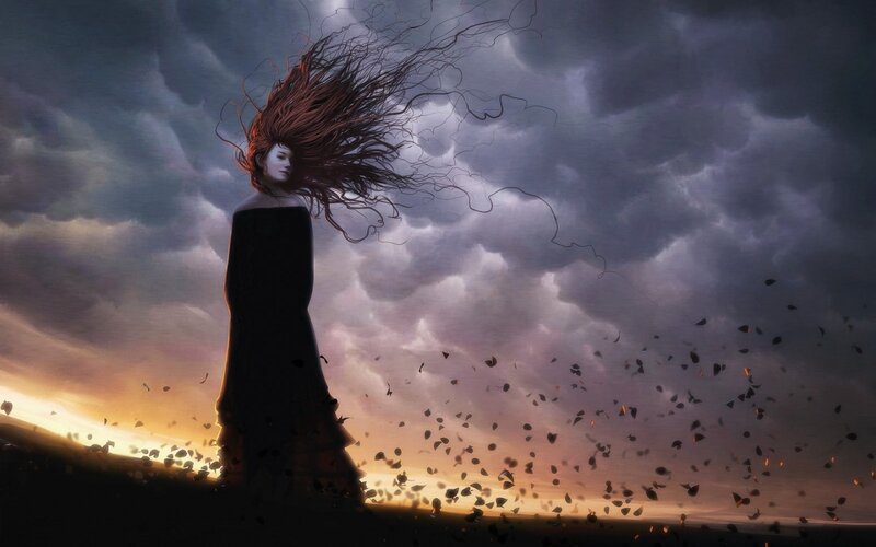 Woman with Red Hair — Gray, Dramatic, Sunset, Digital Art