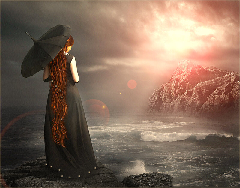Woman with Red Hair — Gray, Dramatic, Sunset, Digital Art, Umbrella