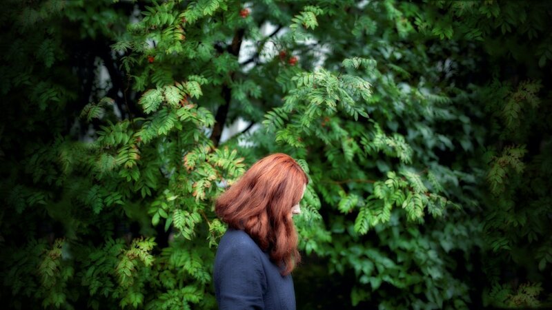 Woman with Red Hair — Green, Calm, Photograph, Tree