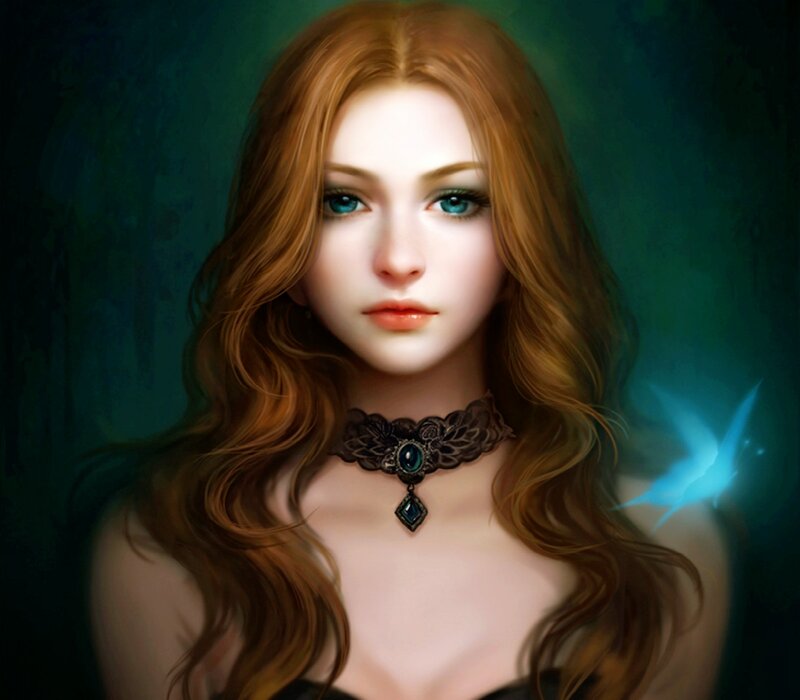 Woman with Red Hair — Green, Dramatic, Digital Art, Choker