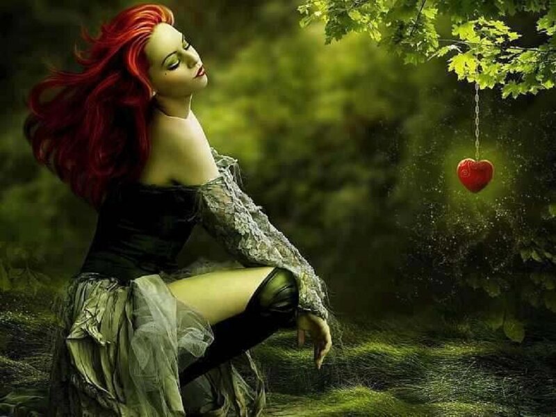 Woman with Red Hair — Green, Dramatic, Digital Art, Red Heart