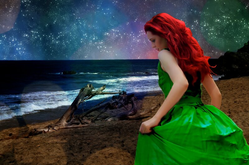 Woman with Red Hair — Green, Dramatic, Night, Digital Art, Beach