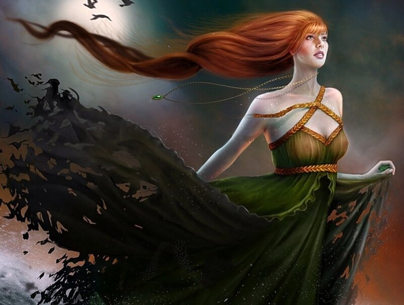 Woman with Red Hair — Green, Dramatic, Night, Digital Art, Birds