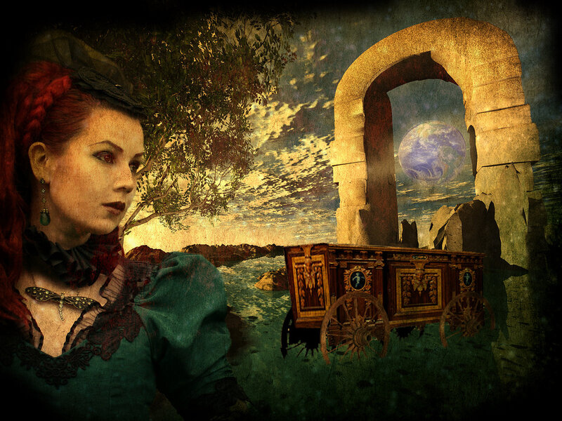 Woman with Red Hair — Green, Dramatic, Night, Digital Art, Carriage