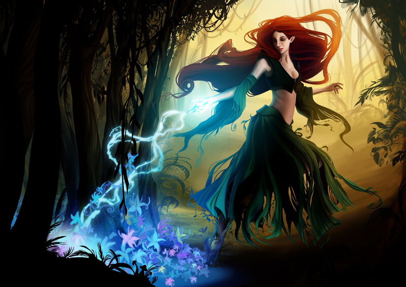 Woman with Red Hair — Green, Dramatic, Night, Digital Art, Forest