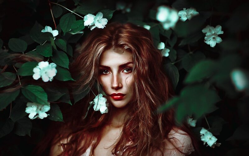 Woman with Red Hair — Green, Dramatic, Night, Photograph