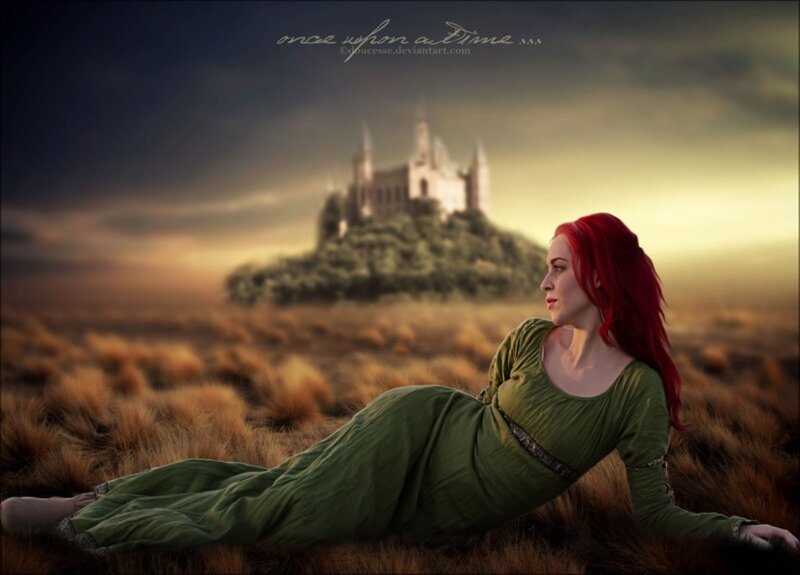 Woman with Red Hair — Green, Dramatic, Sunset, Digital Art, Castle