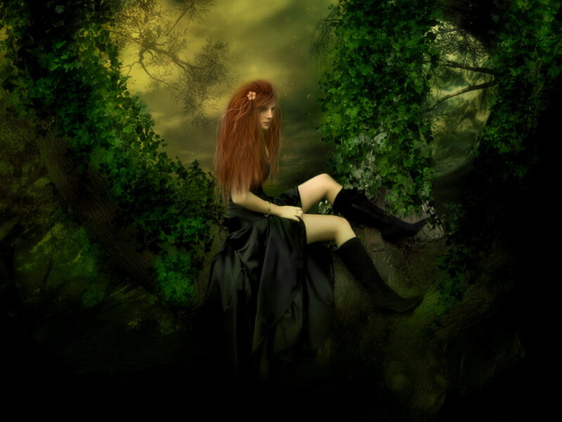 Woman with Red Hair — Green, Mysterious, Night, Digital Art, Forest