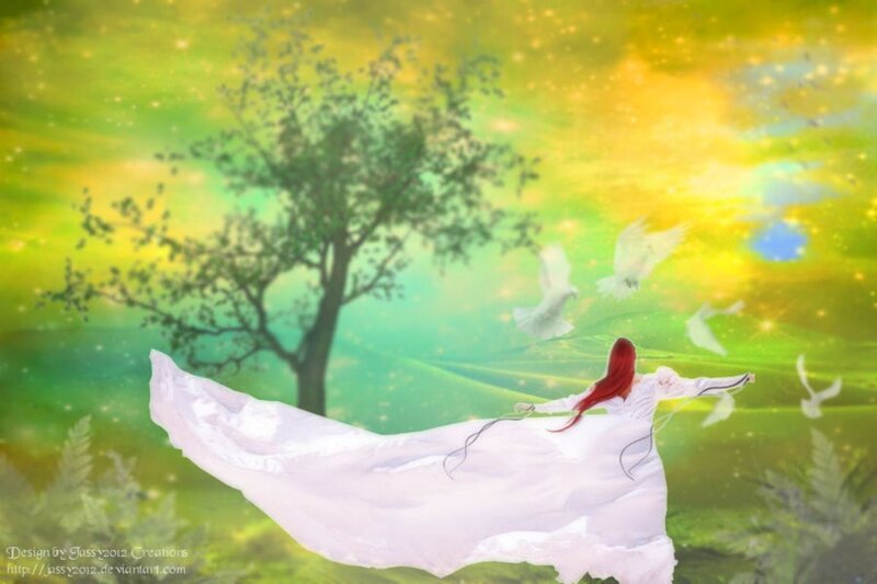 Woman with Red Hair — Green, Serene, Afternoon, Digital Art, Tree