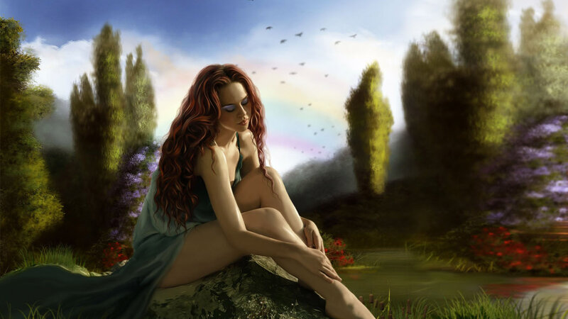 Woman with Red Hair — Green, Serene, Afternoon, Digital Art, Trees