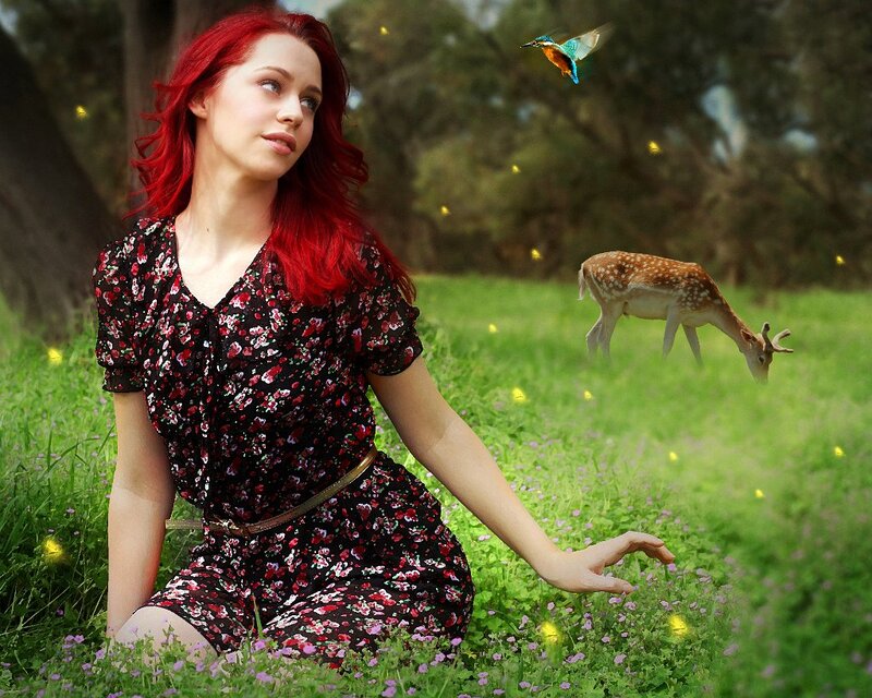 Woman with Red Hair — Green, Serene, Afternoon, Photograph, Deer