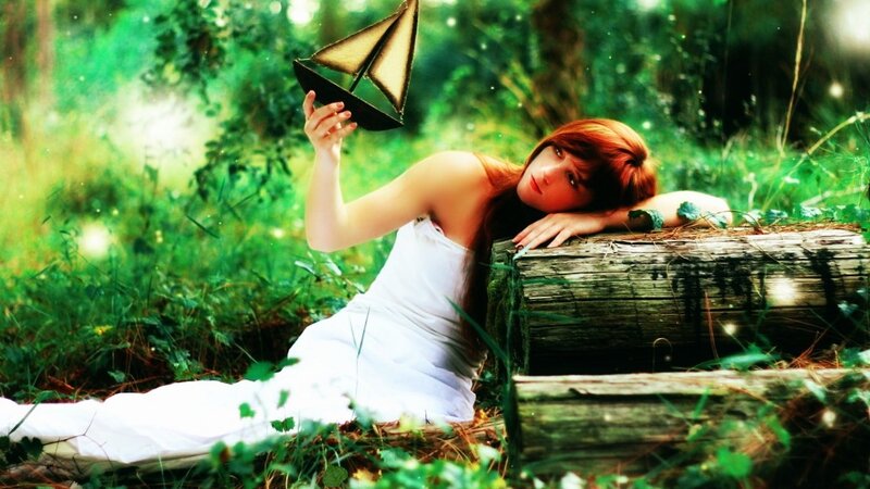 Woman with Red Hair — Green, Serene, Afternoon, Photograph, Paper Boat
