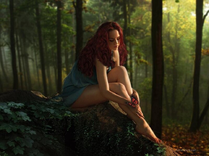 Woman with Red Hair — Green, Serene, Afternoon