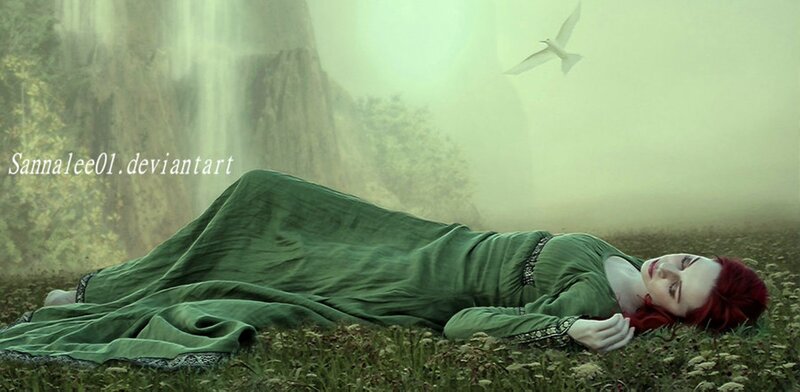 Woman with Red Hair — Green, Serene, Digital Art, Bird