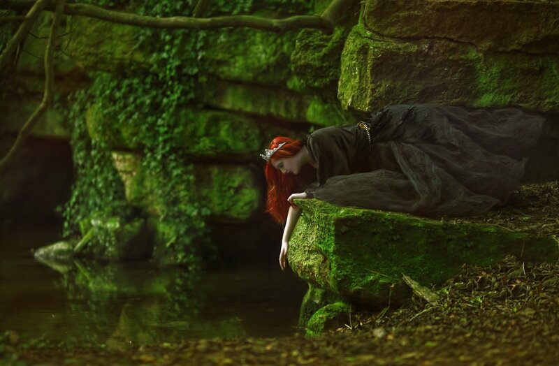 Woman with Red Hair — Green, Serene, Digital Art, Mossy Rocks