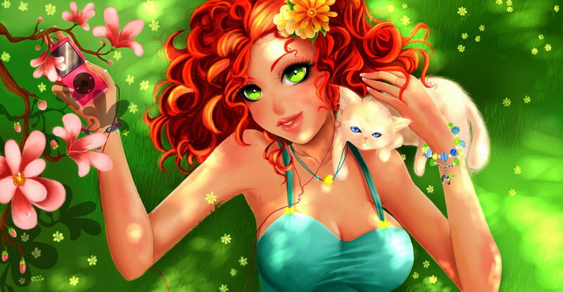 Woman with Red Hair — Green, Serene, Spring, Digital Art, Cat