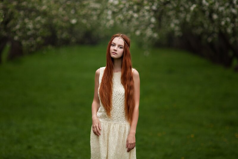 Woman with Red Hair — Green, Serene, Spring, Photograph, Dress