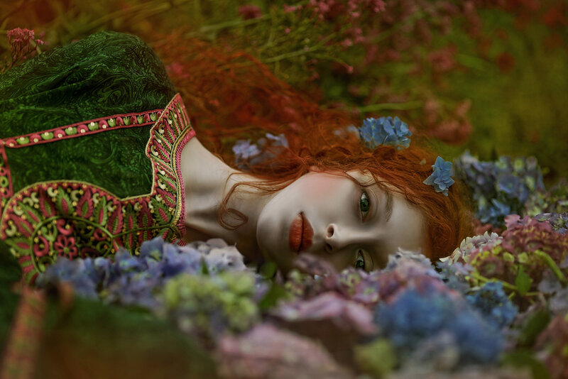 Woman with Red Hair — Green, Serene, Spring, Photograph, Flowers