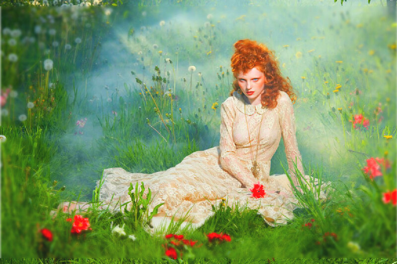 Woman with Red Hair — Green, Serene, Spring, Photograph