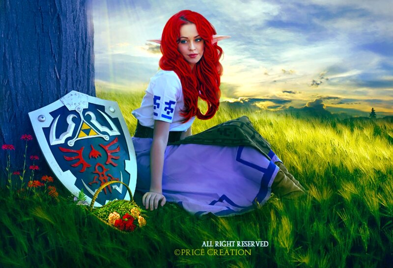 Woman with Red Hair — Green, Serene, Sunset, Digital Art, Shield