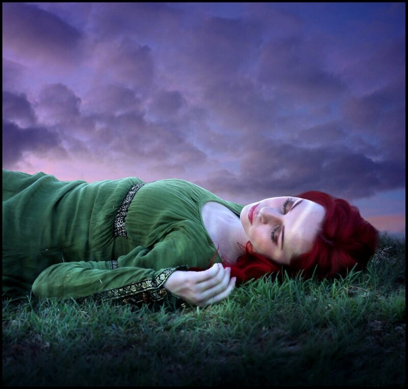 Woman with Red Hair — Green, Serene, Sunset, Digital Art