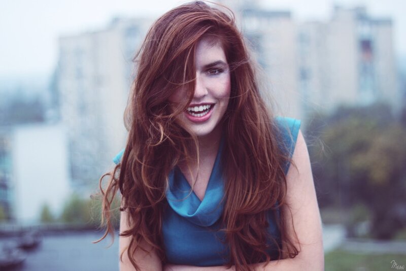 Woman with Red Hair — Happy, Photograph, Building