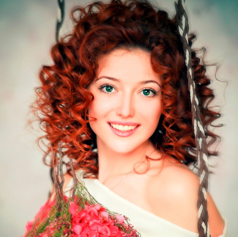 Woman with Red Hair — Happy, Photograph, Flowers
