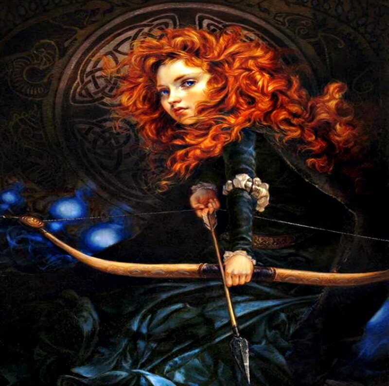 Woman with Red Hair Holding Bow — Dramatic