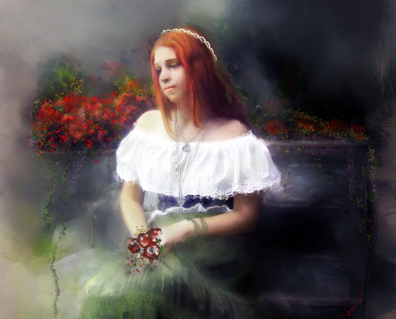 woman with red hair holding flowers