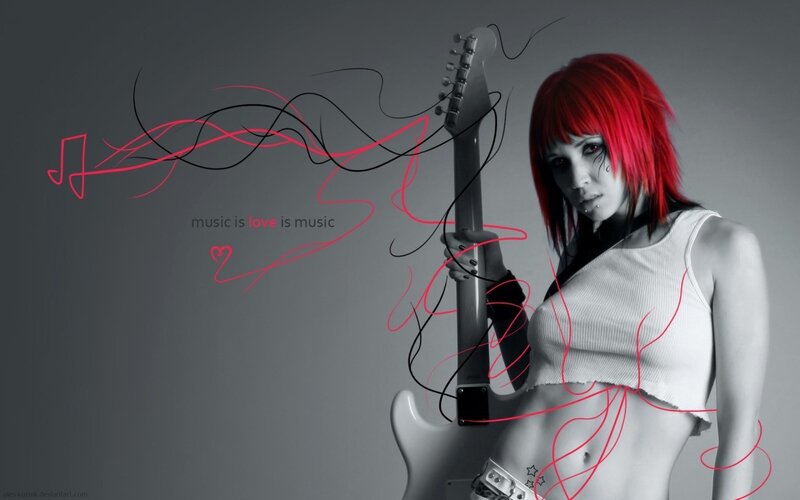 Woman with Red Hair Holding Guitar — Gray, Dramatic, Digital Art
