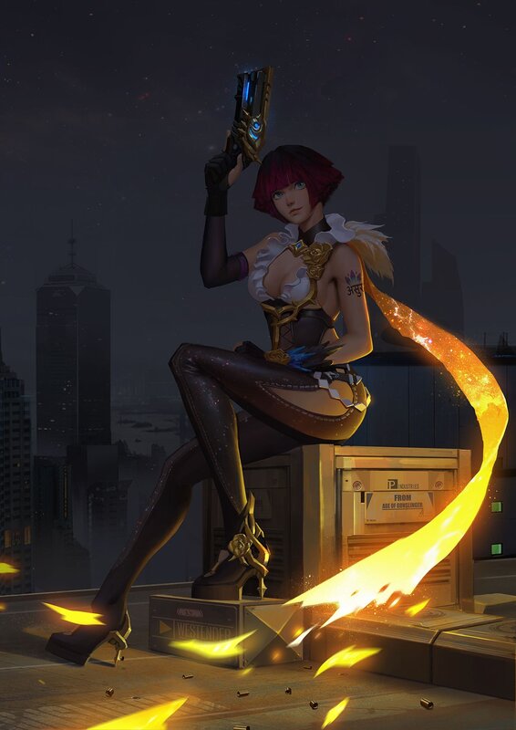 Woman with Red Hair Holding Gun — Black, Dramatic, Night
