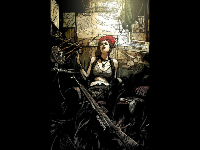 Woman with Red Hair Holding Rifle — Black