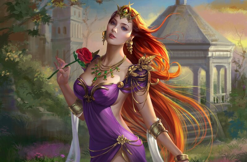 Woman with Red Hair Holding Rose — Purple