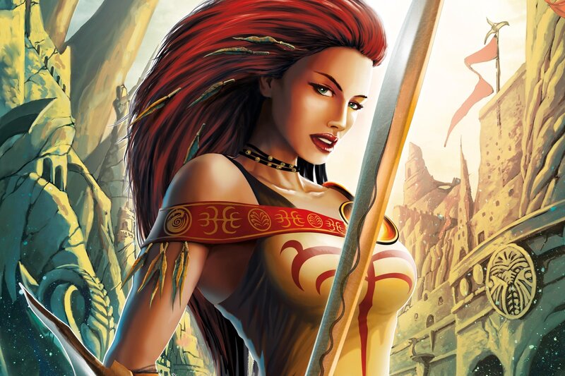 Woman with Red Hair Holding Sword — Dramatic, Afternoon, Digital Art