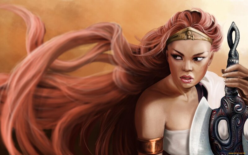 Woman with Red Hair Holding Sword — Dramatic, Digital Art, Headband