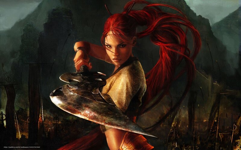 Woman with Red Hair Holding Sword — Dramatic, Digital Art, Mountains