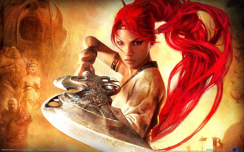 Woman with Red Hair Holding Sword — Dramatic, Digital Art, Statues