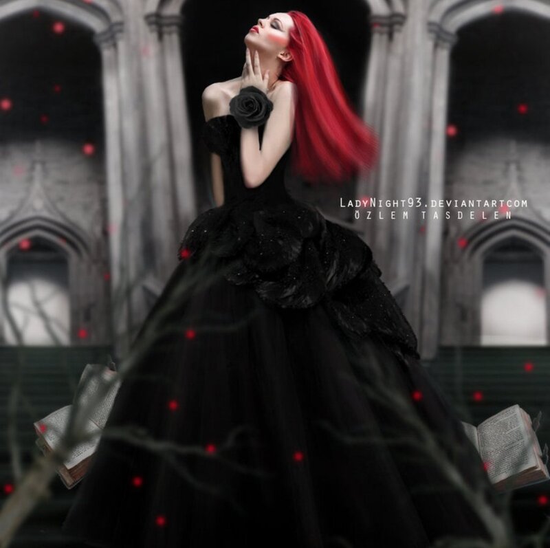 Woman with Red Hair in Black Dress — Dramatic