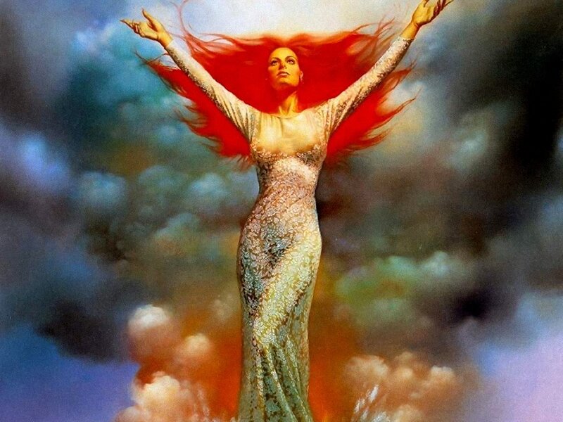 Woman with red hair in clouds