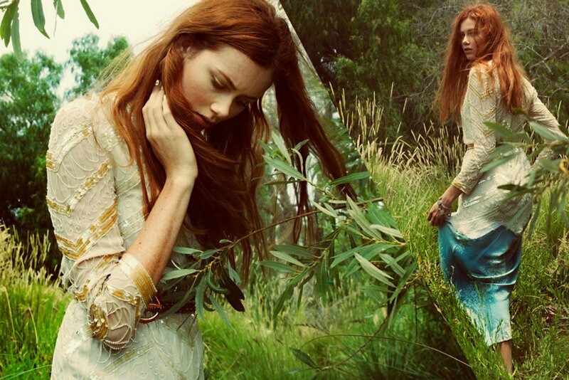 Woman with Red Hair in Field — Green
