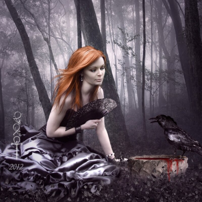 Woman with Red Hair in Forest — Black, Dramatic