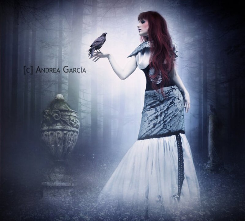Woman with Red Hair in Forest — Blue, Mysterious